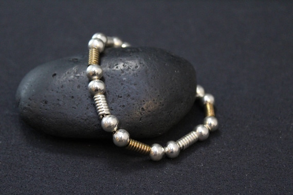 Sterling Silver and Brass Mexican Beaded Bracelet… - image 1