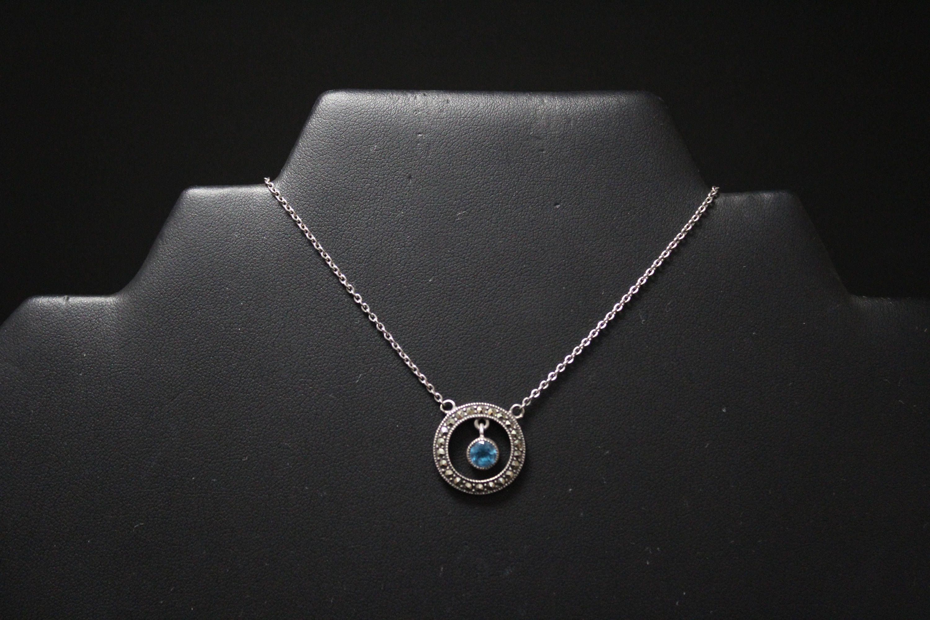 Sterling Silver Blue Gemstone Marcasite Circle Necklace, Sterling