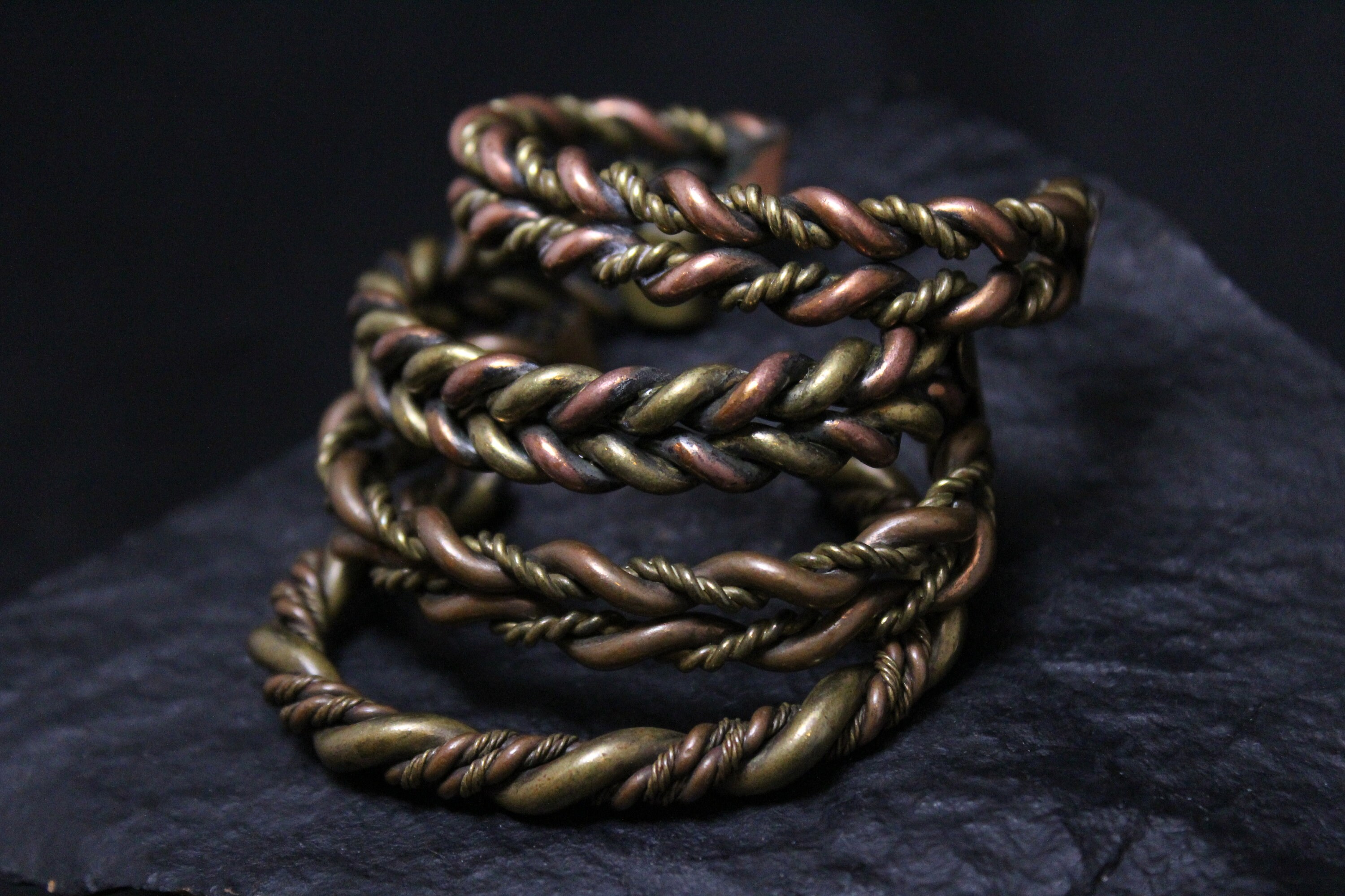 Vintage TwoTone Copper and Brass Twisted Rope Cuff Bracelets, Set of 4