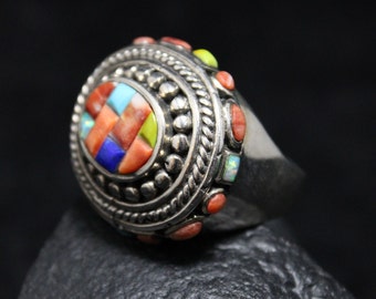 Sterling Silver Southwest Rainbow Mosaic Inlay Ring with Turquoise, Coral, Lapis, Spiny Oyster, and Opal, Yazzie Style Ring