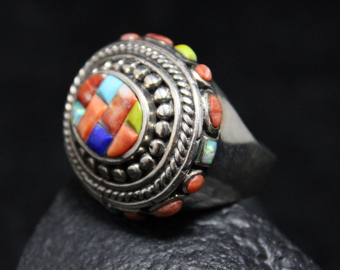 Sterling Silver Southwest Rainbow Mosaic Inlay Ring with Turquoise, Coral, Lapis, Spiny Oyster, and Opal, Yazzie Style Ring