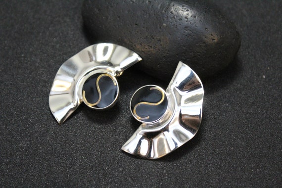 Sterling Silver and Onyx Large Ruffle Statement Earrings, Onyx Earrings, Sterling Statement Earrings, Modern Sterling Silver Onyx Earrings