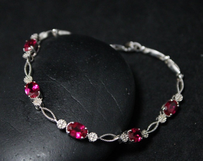 Sterling Silver Ruby Lab Created Link Bracelet, Red Gemstone Tennis Bracelet, Ruby Tennis Bracelet, Sterling Ruby Jewelry, July Birthstone