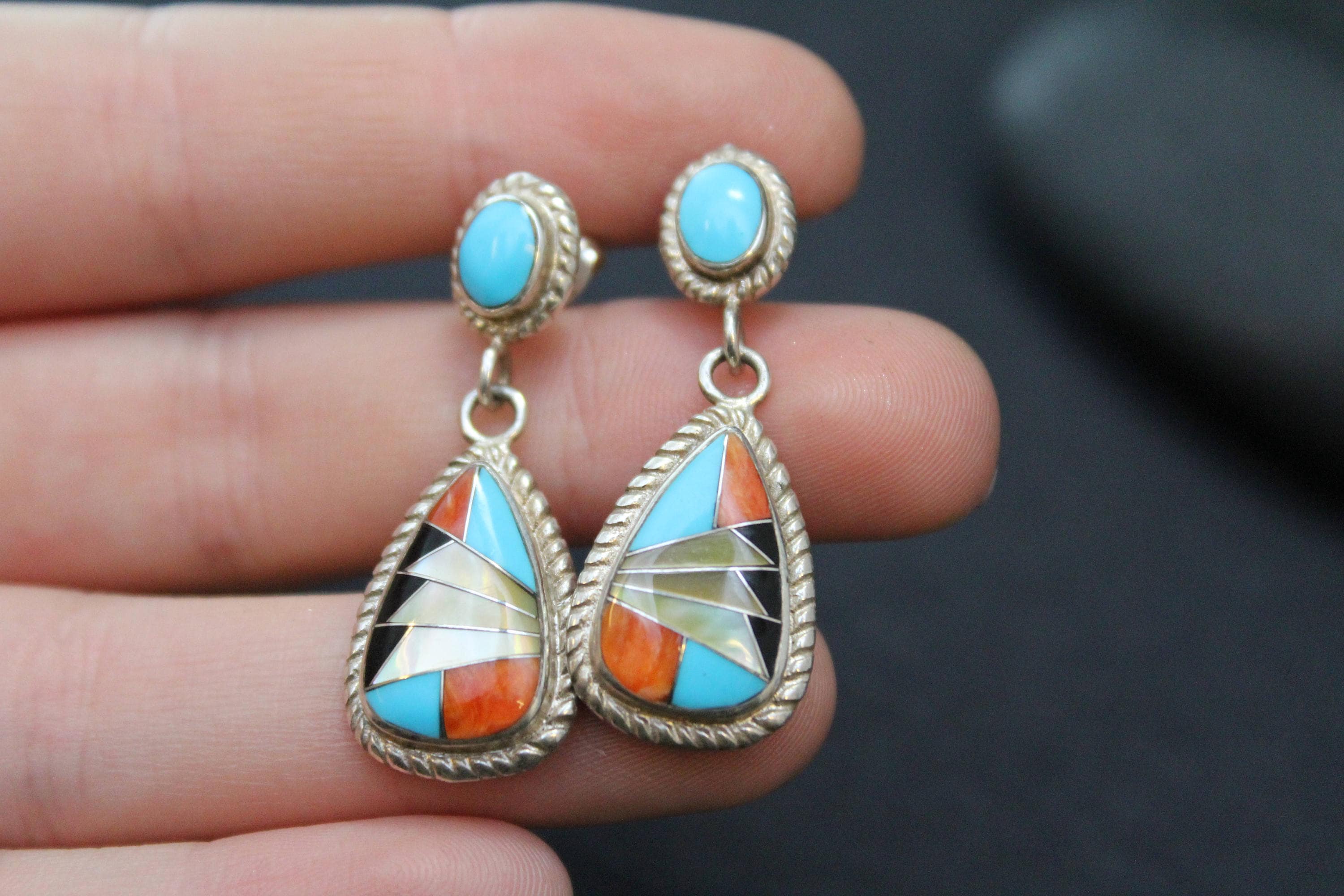 Sterling Silver Native American Inlay Dangle Earrings, Turquoise Inlay