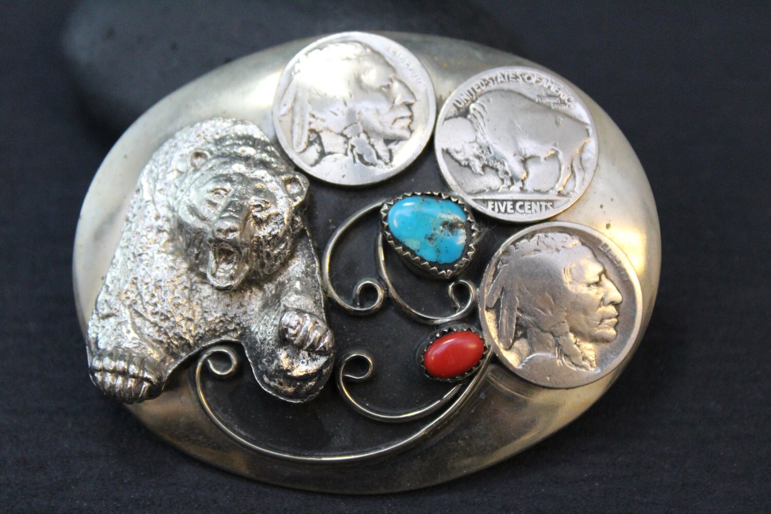 Navajo Belt Buckle, Turquoise and Coral Belt, Nickel Silver Belt Buckle