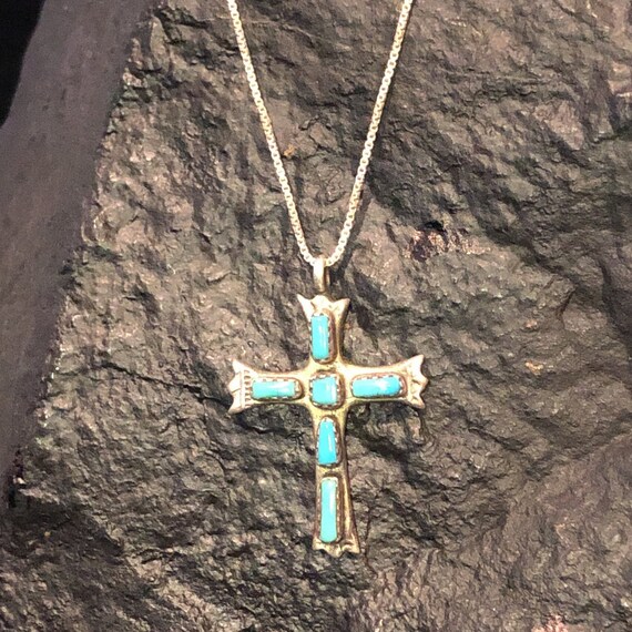 Sterling Silver Old Zuni Cross Necklace Sleeping Beauty - Native American Turquoise Cross Pendant Sterling Silver Old Zuni Cross Necklace Sleeping Beauty - Native American Turquoise Cross Pendant
