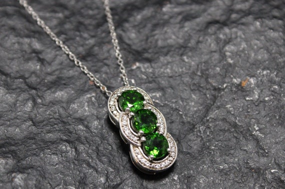 Sterling Silver Three Stone Green CZ Pendant With… - image 1