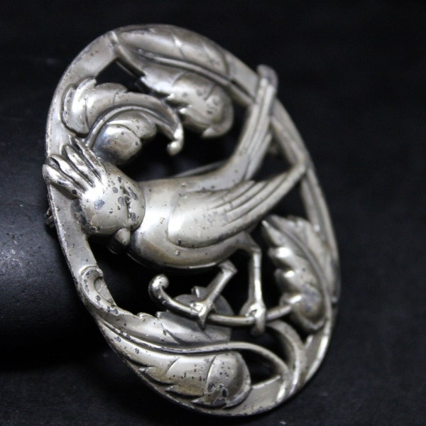 Sterling Silver Vintage Norseland by Coro Crested Bird Sitting in Branch With Leaves Brooch Pin, Norway Sterling Bird Brooch, Art Nouveau