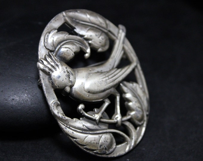 Sterling Silver Vintage Norseland by Coro Crested Bird Sitting in Branch With Leaves Brooch Pin, Norway Sterling Bird Brooch, Art Nouveau