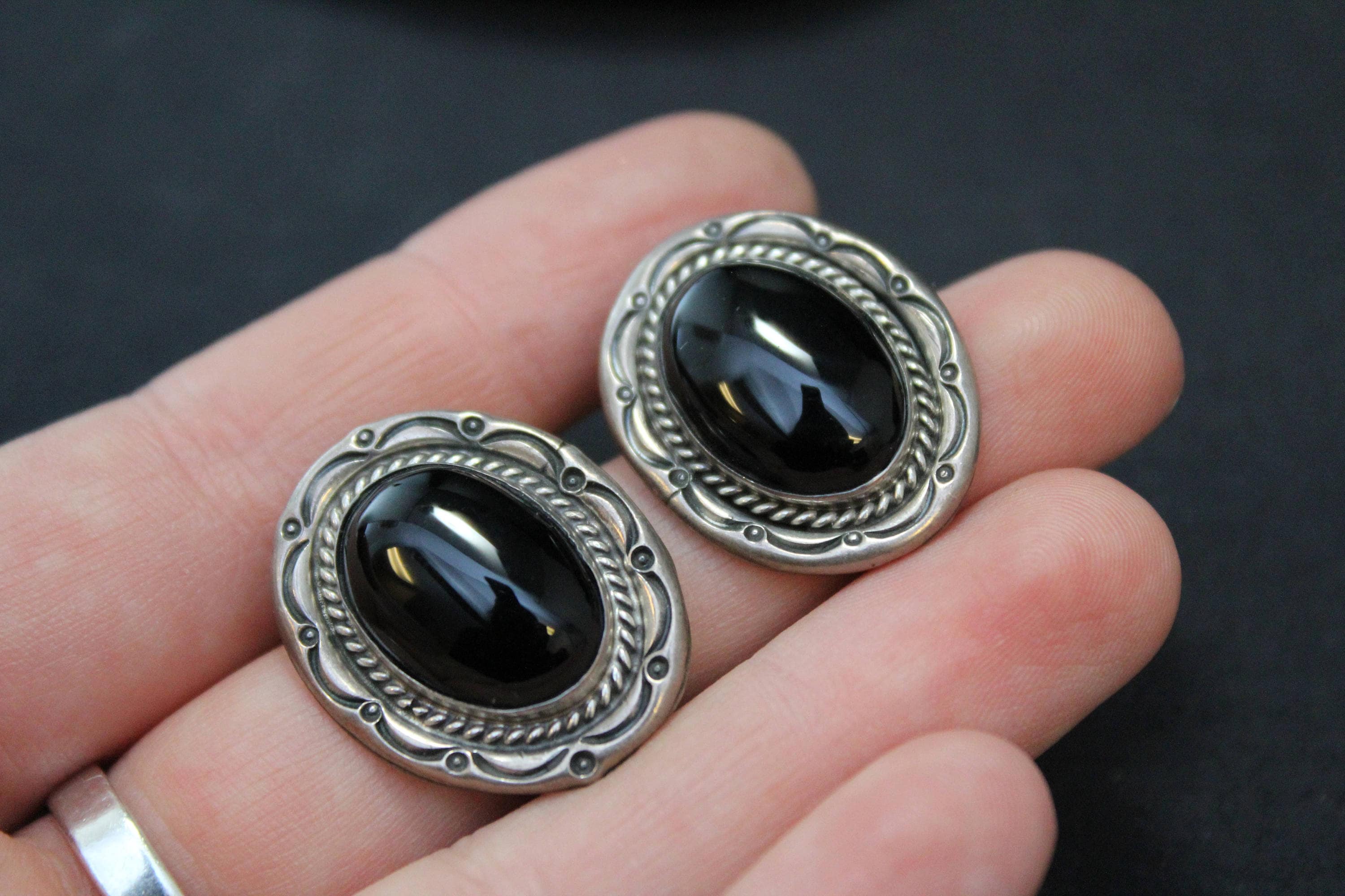 Sterling Silver Albert Payton Southwestern Oval Onyx Earrings 