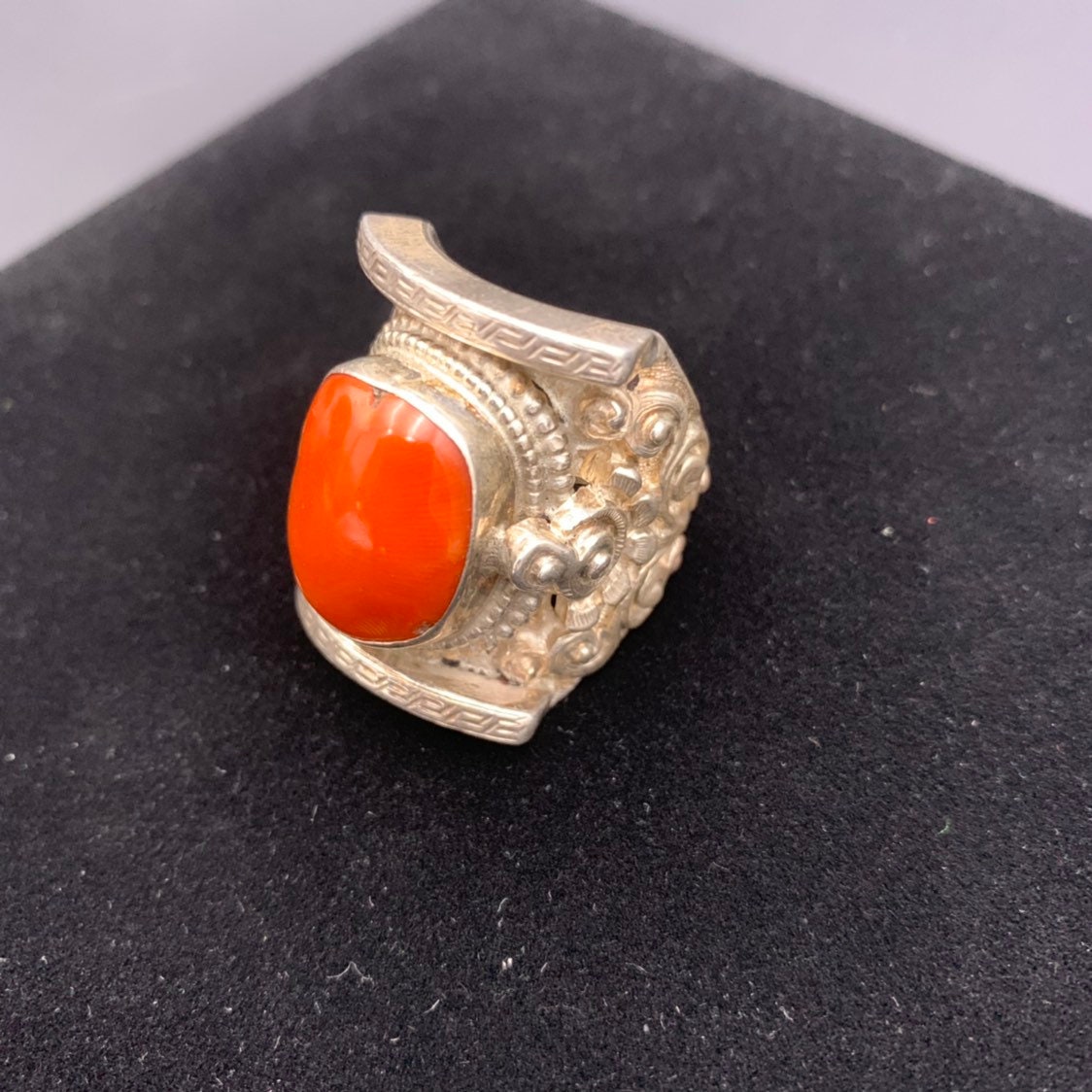 Large Men's Sterling Ring With Coral Gemstone, Natural Red Coral 925