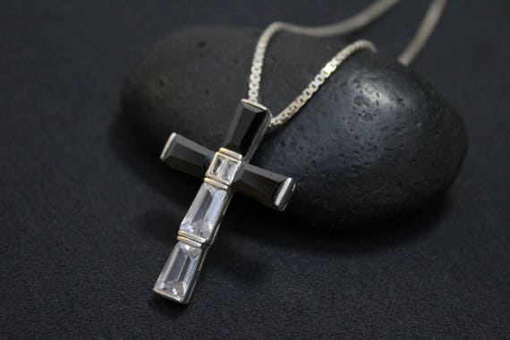 Sterling Silver CZ Cross Necklace, CZ Cross Pendant, Sterling Silver Black and White Gemstone Cross Necklace, Big Cross Necklace View 2