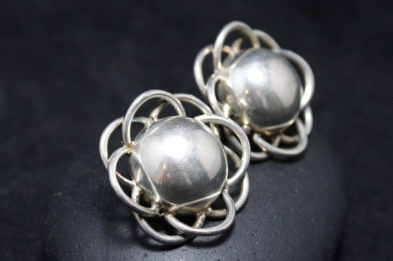 Sterling Silver Taxco Domed Flower Earrings, Ster… - image 1