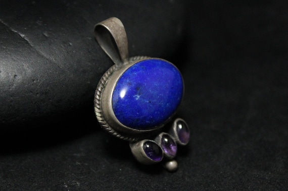 Sterling Silver Boho Lapis Lazuli And Amethyst Vintage Pendant, Sterling Lapis Lazuli Jewelry, Sterling Amethyst Jewelry, Purple Blue Silver