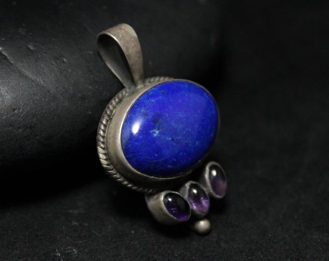 Sterling Silver Boho Lapis Lazuli And Amethyst Vintage Pendant, Sterling Lapis Lazuli Jewelry, Sterling Amethyst Jewelry, Purple Blue Silver