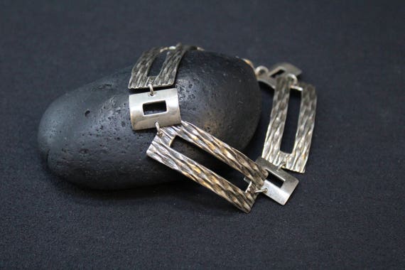 Sterling Silver Textured Rectangle Link Bracelet,… - image 1