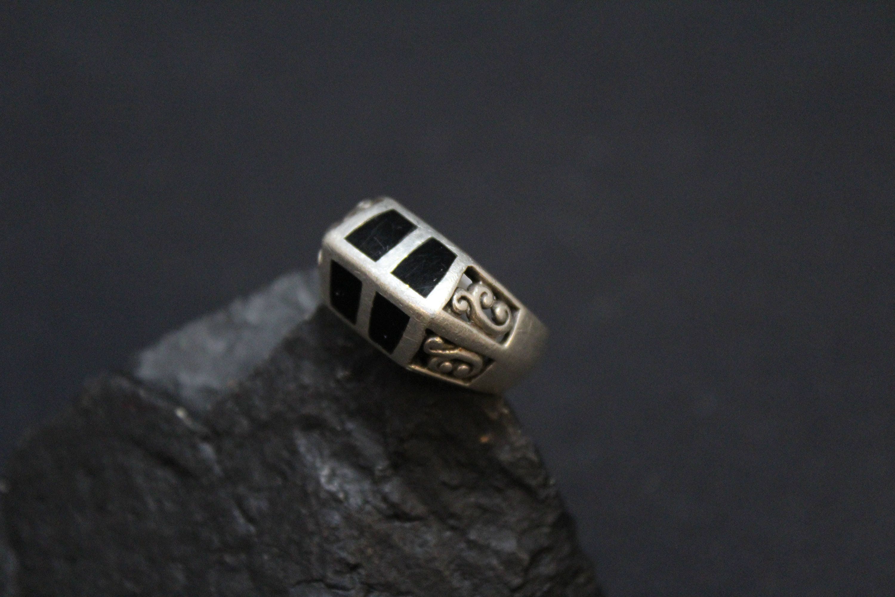 Sterling Silver Onyx Inlay Ring, Filigree Sterling Onyx Ring, Onyx ...