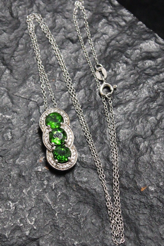 Sterling Silver Three Stone Green CZ Pendant With… - image 3