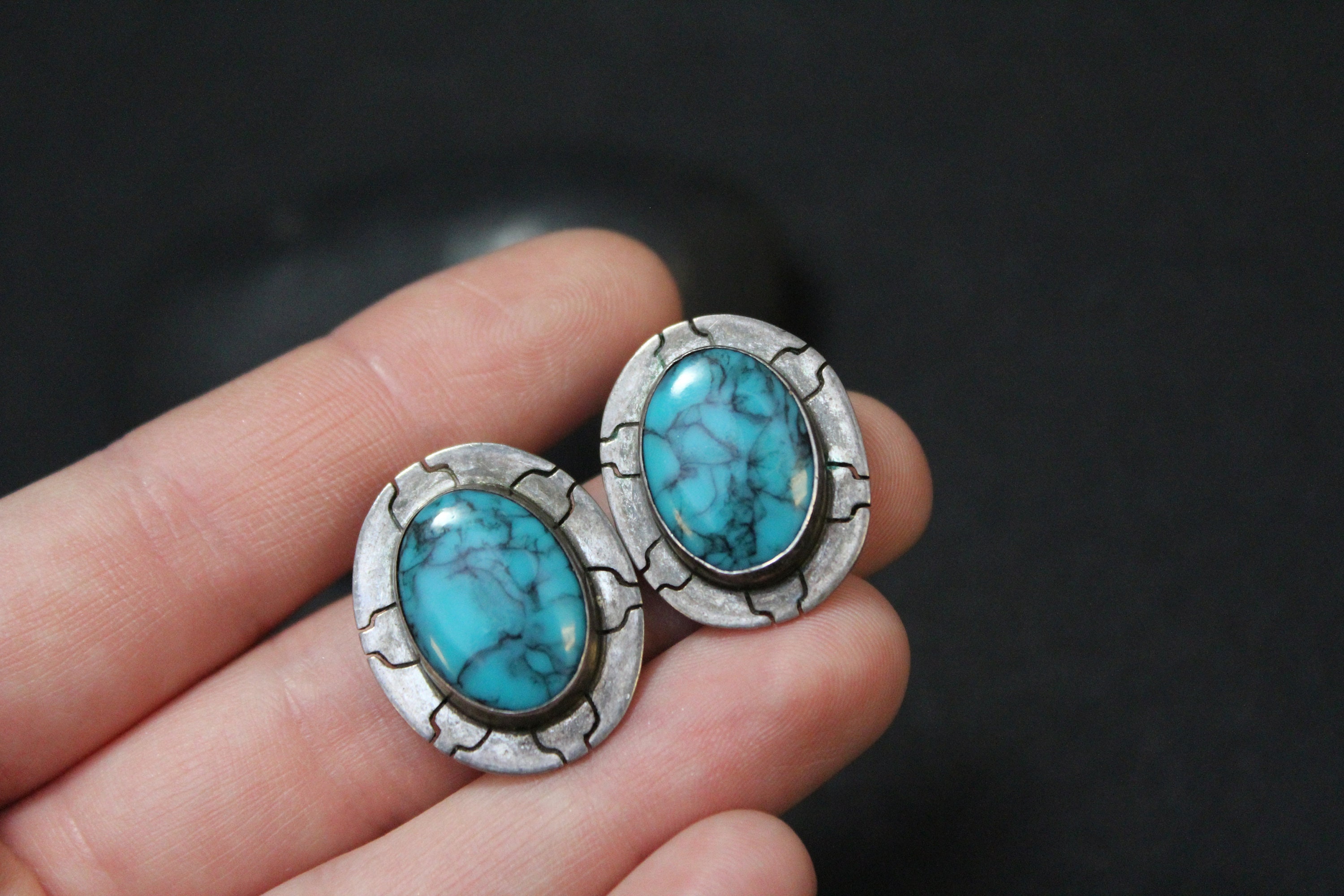 Sterling Silver Oval Turquoise Clip on Earrings, Handmade Sterling Clip