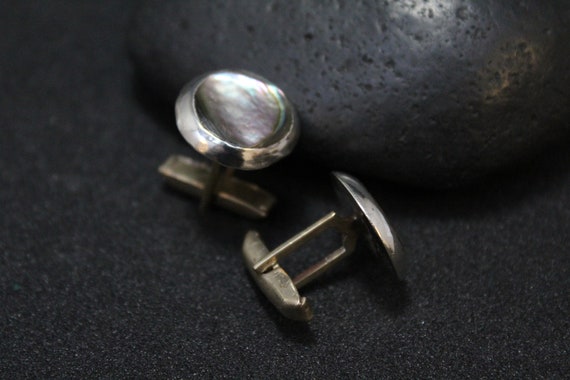 Sterling Silver Abalone Cuff Links, Round Sterlin… - image 2