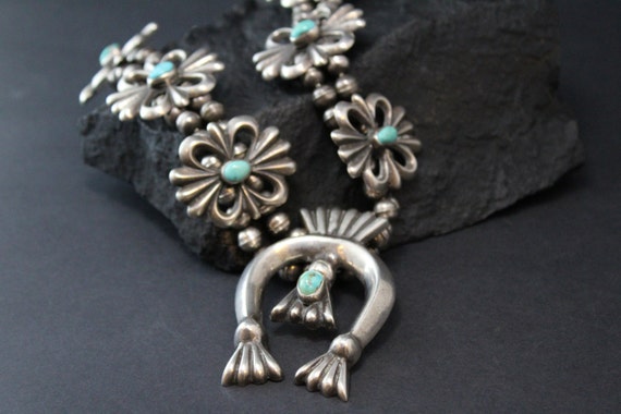 Turquoise Squash Blossom Necklace, Sand Cast Squa… - image 2