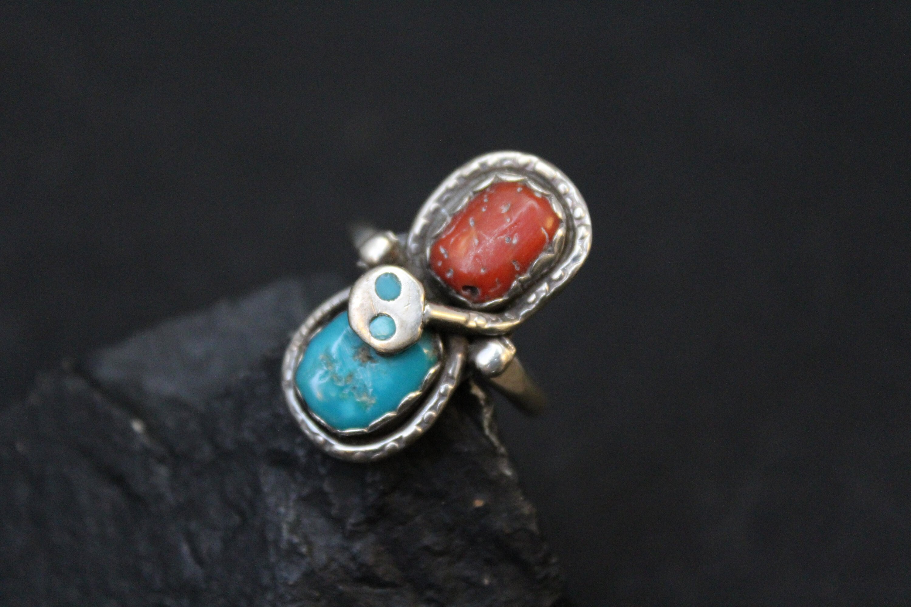 Sterling Silver Signed Zuni Effie C Turquoise and Coral Snake Ring