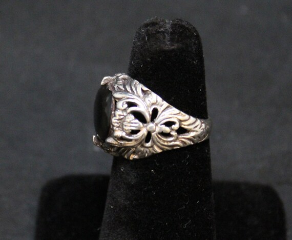 Sterling Silver Floral Cut Out Onyx Ring, Sterlin… - image 5