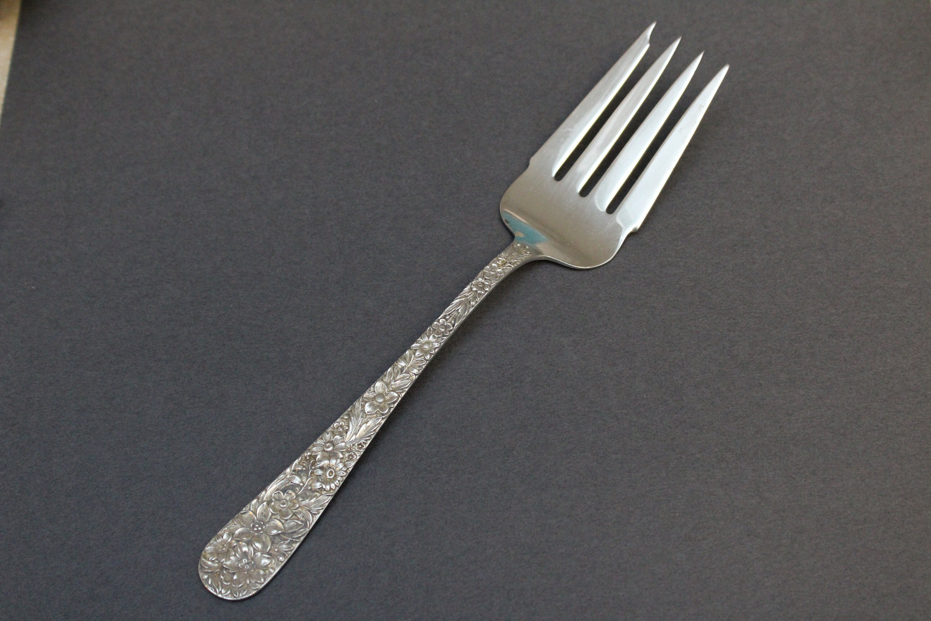 Large Sterling Silver Repousse S Kirk & Sons Cold Meat Fork, Sterling