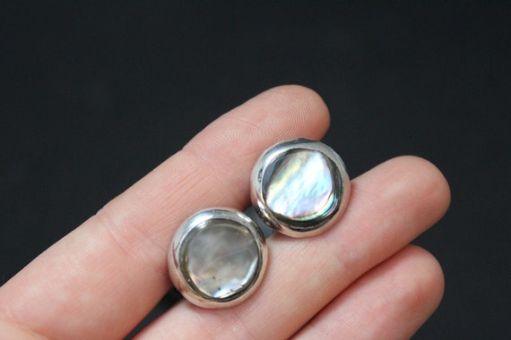 Sterling Silver Abalone Cuff Links, Round Sterlin… - image 4