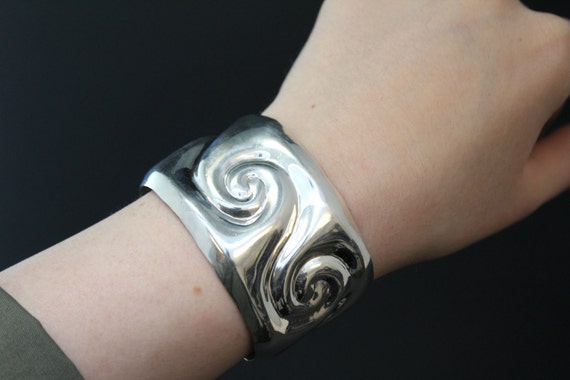 Sterling Silver Wide Taxco Mexican Swirl Cuff Bracelet View 5