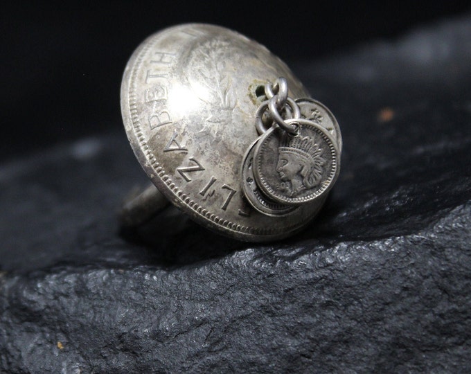 Sterling Silver South Africa Coin Ring, Sterling Silver 1959 Suid-Afrika Dome Ring with 3 Dangles