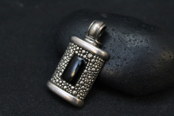 Sterling Silver Textured Onyx Pendant, Large Onyx… - image 1