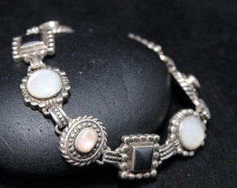 Sterling Silver Mother of Pearl Link Bracelet, Sterling Silver Shell Jewelry, Mother of Pearl Inlay, Sterling Silver Gemstone Link Bracelet