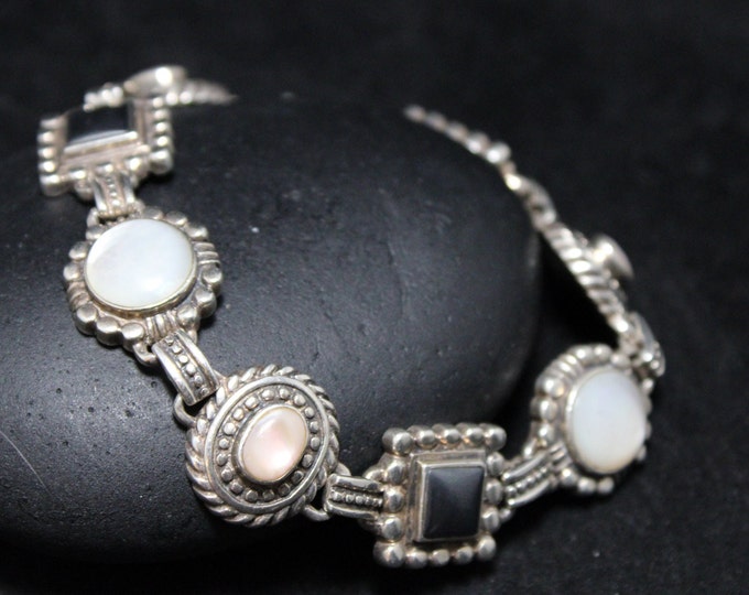 Sterling Silver Mother of Pearl Link Bracelet, Sterling Silver Shell Jewelry, Mother of Pearl Inlay, Sterling Silver Gemstone Link Bracelet