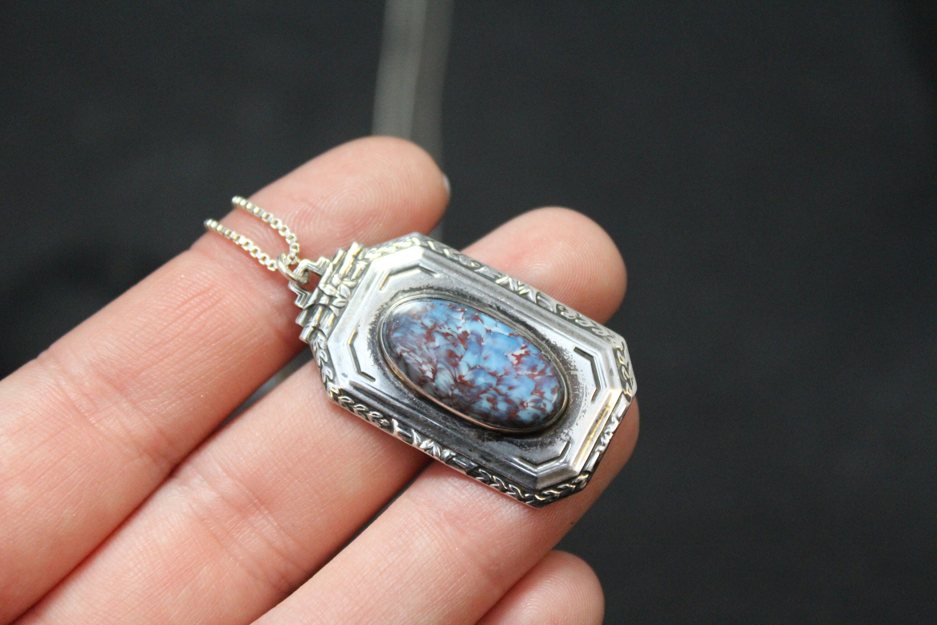 Sterling Silver Art Deco Art Glass Necklace, Sterling Silver Art Glass