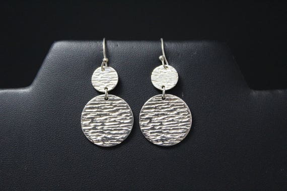 Sterling Silver Textured Dangle Disk Earrings, Textured Sterling Earrings, Textured Silver Jewelry, Sterling Silver Circle Dangle Earrings
