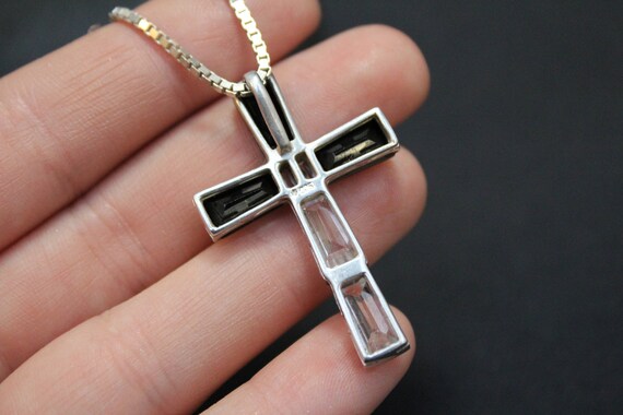 Sterling Silver CZ Cross Necklace, CZ Cross Pendant, Sterling Silver Black and White Gemstone Cross Necklace, Big Cross Necklace View 4