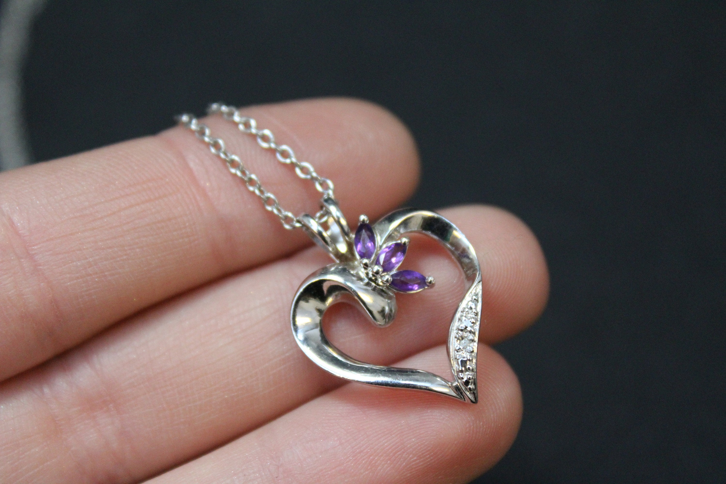 thumbnail image 2 of 18" 925 Sterling Silver Amethyst Crystal Heart Pendant Necklace – Handmade, Gift Box Included 2 of 6