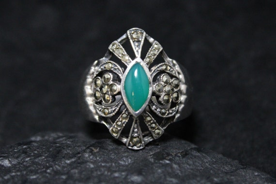 Sterling Silver Art Deco Style Green Chrystoprase… - image 2