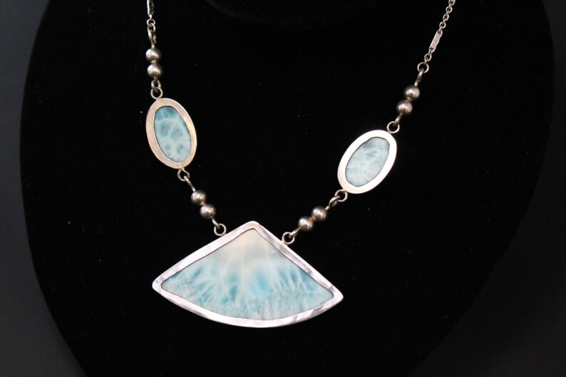 Sterling Silver Modernist Larimar Pectolite Gemstone Statement Necklace 925 image 4