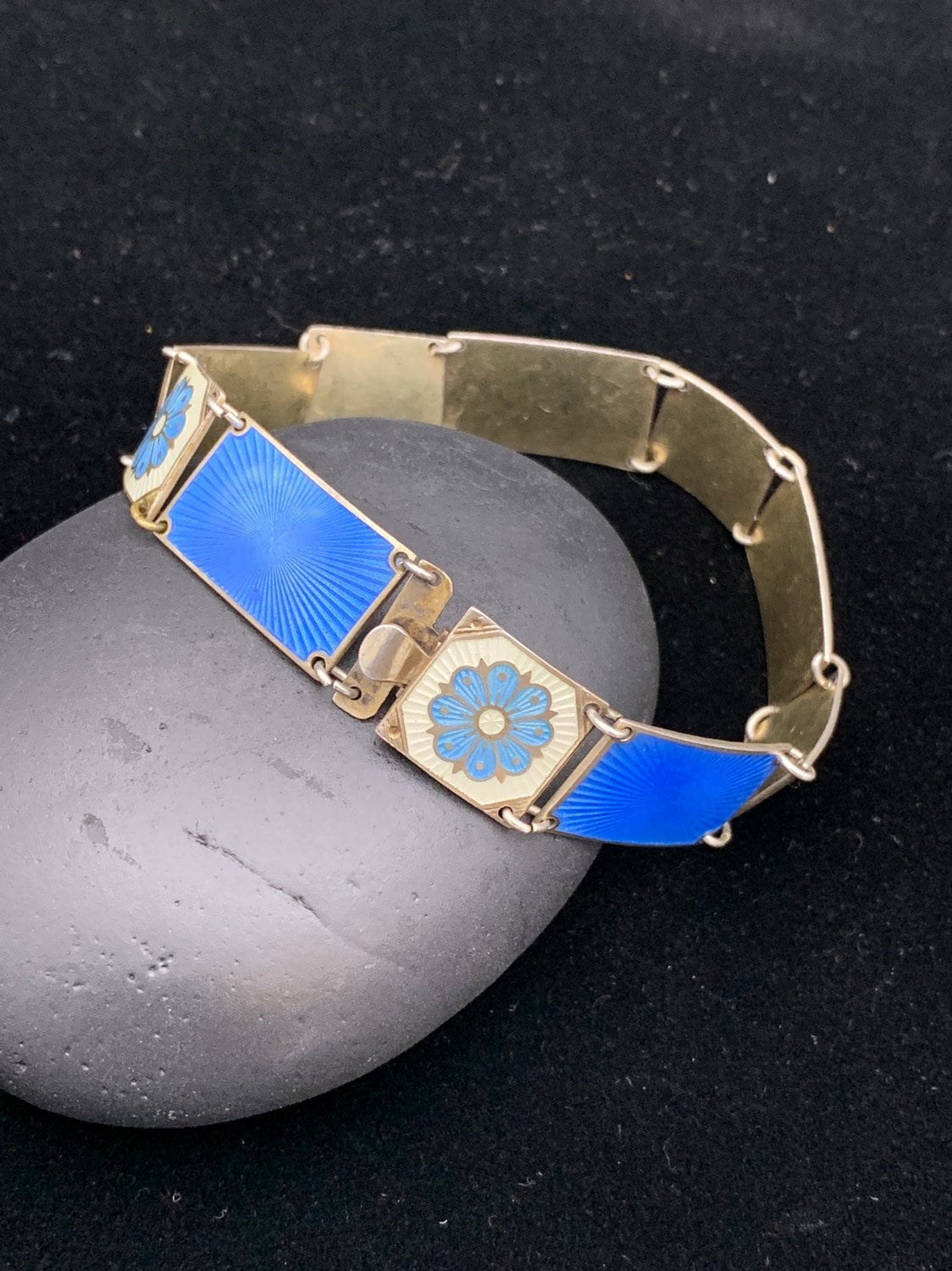 Exquisite Sterling and Blue Enamel Link Bracelet, Vintage 925 Enamel