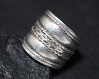 Sterling Silver Wide Cigar Band Ring With Rope Detail Size 9, Wide Sterling Band, Sterling Boho Ring, Wide Sterling Ring, Sterling Rope Ring