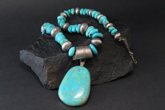 Chunky Vintage Native American Navajo Turquoise Sterling Silver Bead Necklace Chunky Vintage Native American Navajo Turquoise Sterling Silver Bead Necklace