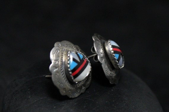 Sterling Silver Vintage Southwest Inlay Heart Ear… - image 4