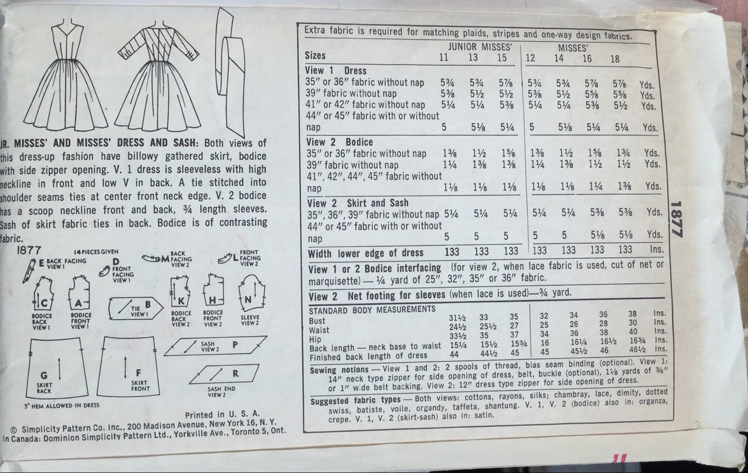 Simplicity 1877 © 1957 Misses Dress and Sash with Billowy | Etsy