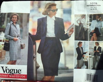 Vogue Career Wardrobe 1078; 1990's; Misses Jacket, Dress, Top, Skirt, and Pants;  Size 14-16-18