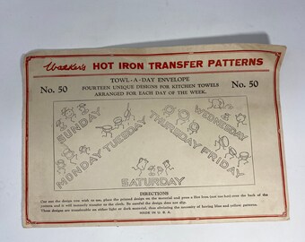 Walker's Hot Iron Transfer Patterns No. 50, Dancing Dishes Transfers, Days of the Week Tea Towels, 1930