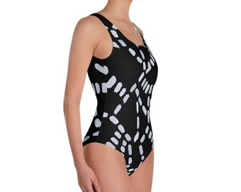 One-Piece Swimsuit - Hand Painted Style - Beachwear - Gift for her - Black and White - Dash Pattern - Swimwear - Women Clothes