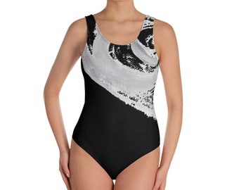 Swimsuit - One-Piece Swimsuit - Hand Painted Style - Beachwear - Gift for her - Black and White - Waves Pattern - Swimwear - Sexy Swimsuit