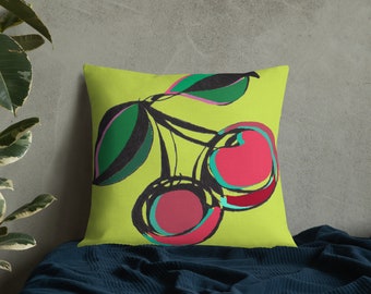 Cherries Drawings Cushion Boho Art Colorful Throw Pillow Digital Art GiftLiving Room DecorHome Decor House warming Gift